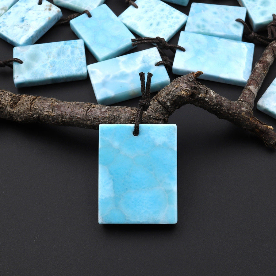 Natural Blue Larimar Rectangle Square Pendant Drilled Genuine Real Blue Larimar Gemstone Focal Bead