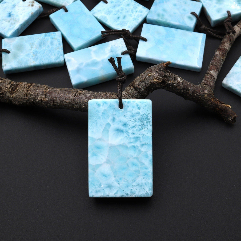 Natural Blue Larimar Rectangle Square Pendant Drilled Genuine Real Blue Larimar Gemstone Focal Bead