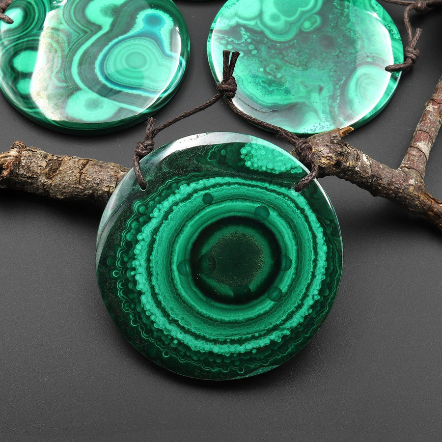 AAA+ 2 Hole Large Natural Green Malachite Pendant Circle Round Gemstone Bead