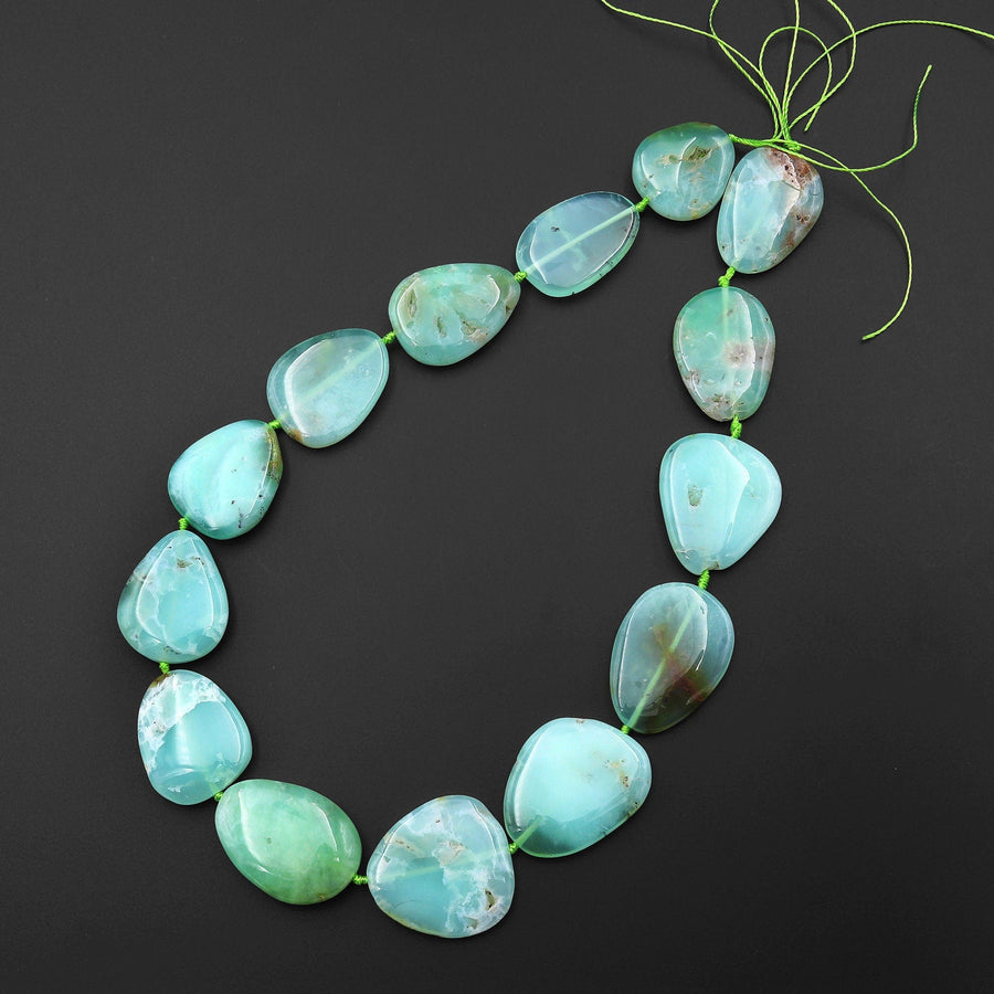 Large Translucent Natural Australian Green Chrysoprase Freeform Oval Beads Gemstone 15.5" Strand