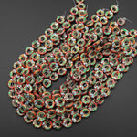 Hand Made Cloisonné Orange Red Donut Beads 15mm Decorative Floral Enamel 15.5" Strand