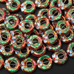 Hand Made Cloisonné Orange Red Donut Beads 15mm Decorative Floral Enamel 15.5" Strand