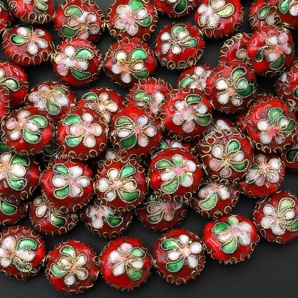Hand Made Cloisonné Coin Beads Red 12mm Decorative Floral Copper Enamel 15.5" Strand