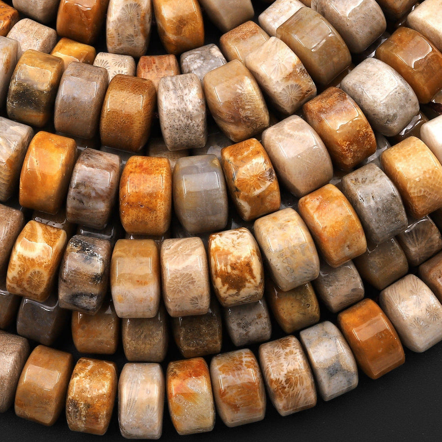 AAA Large Natural Fossil Coral Smooth Wheel Rondelle Beads 14mm Golden Brown Beige Tan Yellow Gemstone 8"