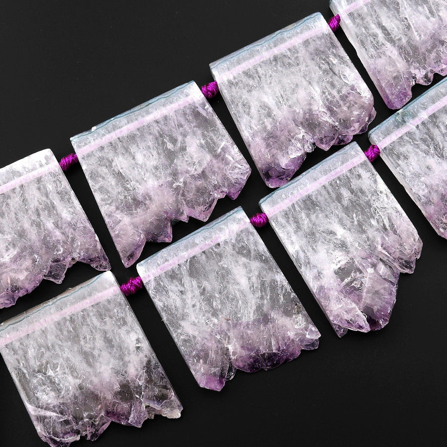 AAA Large Drilled Translucent Natural Purple Amethyst Slice Pendants Focal Beads Stalactite Slab Top Side Drilled Gemstone 15.5" Strand