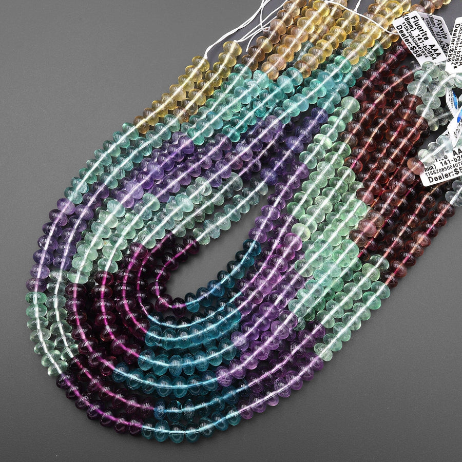 Natural Fluorite 6mm 8mm Rondelle Beads Vibrant Multicolor Mauve Purple Green Blue Yellow Gemstone Beads 15.5" Strand