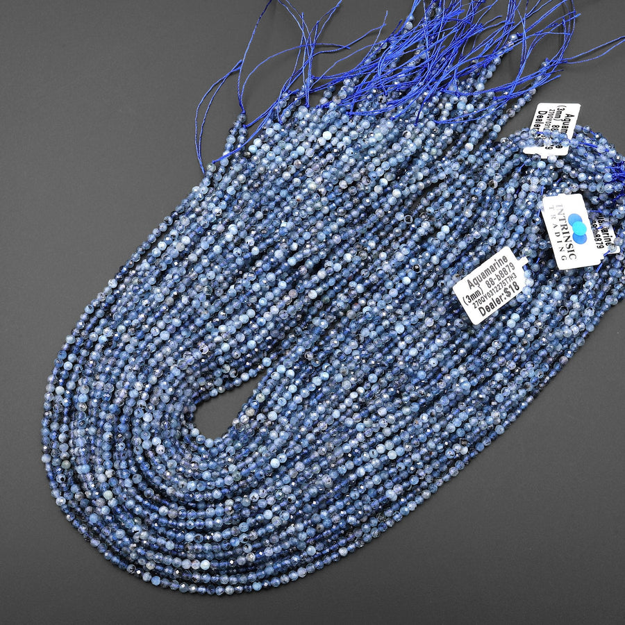 Translucent Natural Blue Santa Maria Aquamarine Micro Faceted 3mm 4mm Round Beads 15.5" Strand