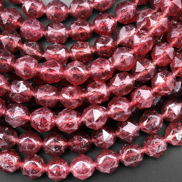 AAA Faceted Natural Red Strawberry Quartz 10mm Rounded Double Hearted Star Cut Beads 15.5" Strand