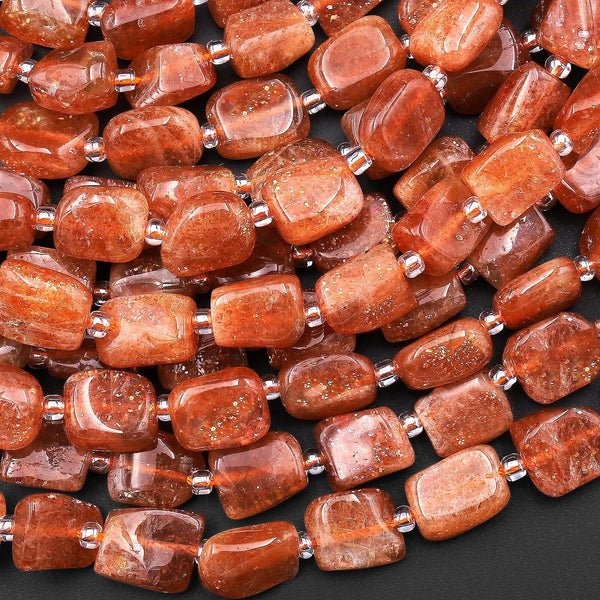 Fiery Natural Orange Sunstone Freeform Rectangle Beads 15.5" Strand