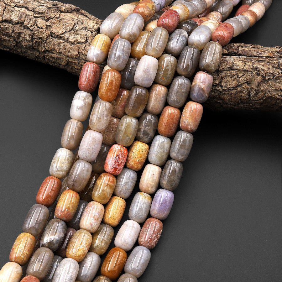 Extremely Rare Agatized Natural Fossil Coral Beads Smooth Barrel Drum Gemstone 15.5" Strand