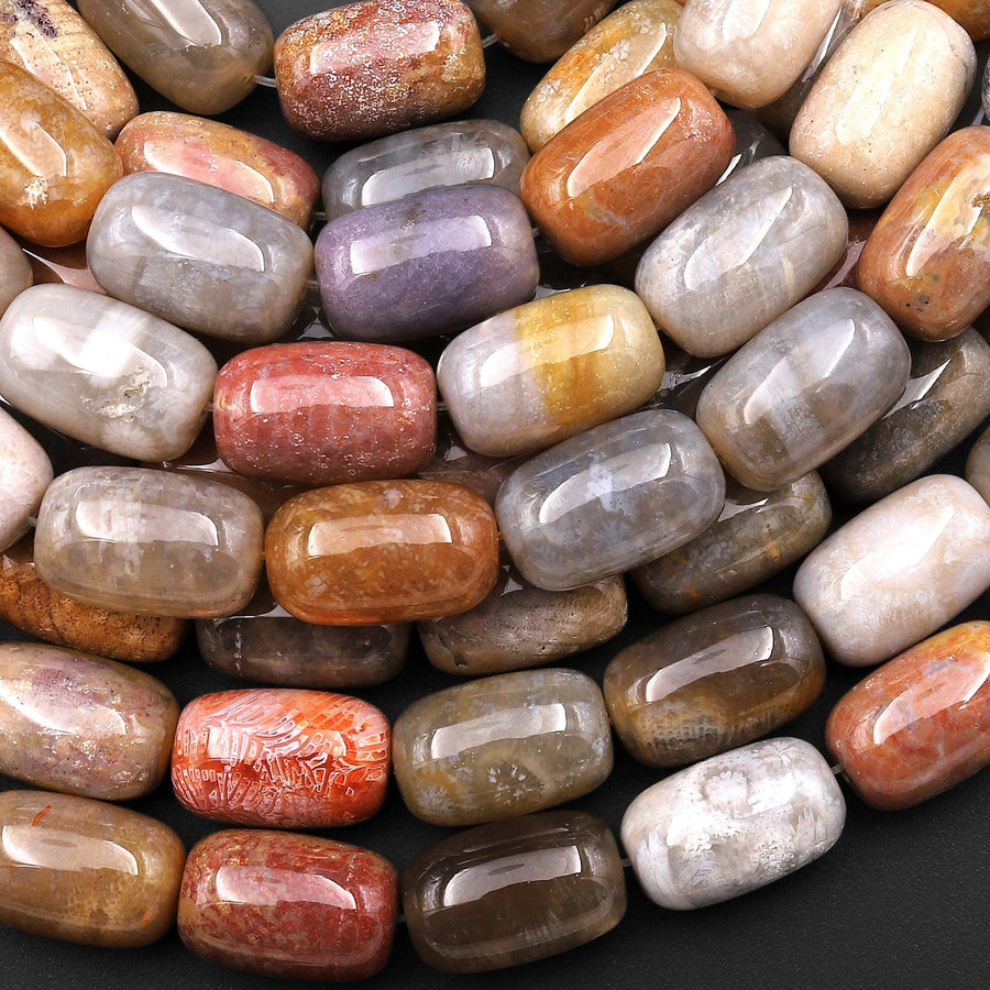 Extremely Rare Agatized Natural Fossil Coral Beads Smooth Barrel Drum Gemstone 15.5" Strand