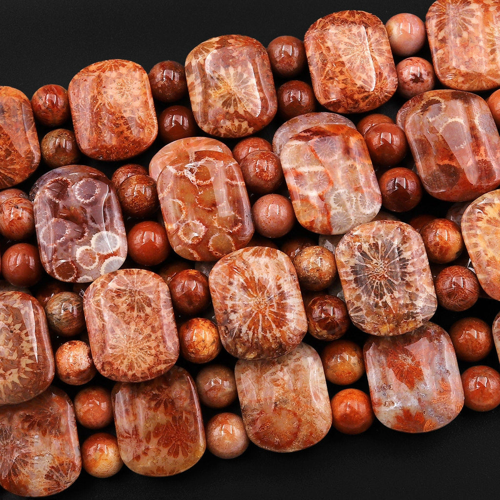 Double Drilled Natural Red Fossil Coral 20x15mm Rectangle Bracelet Gemstone Beads 8" Strand