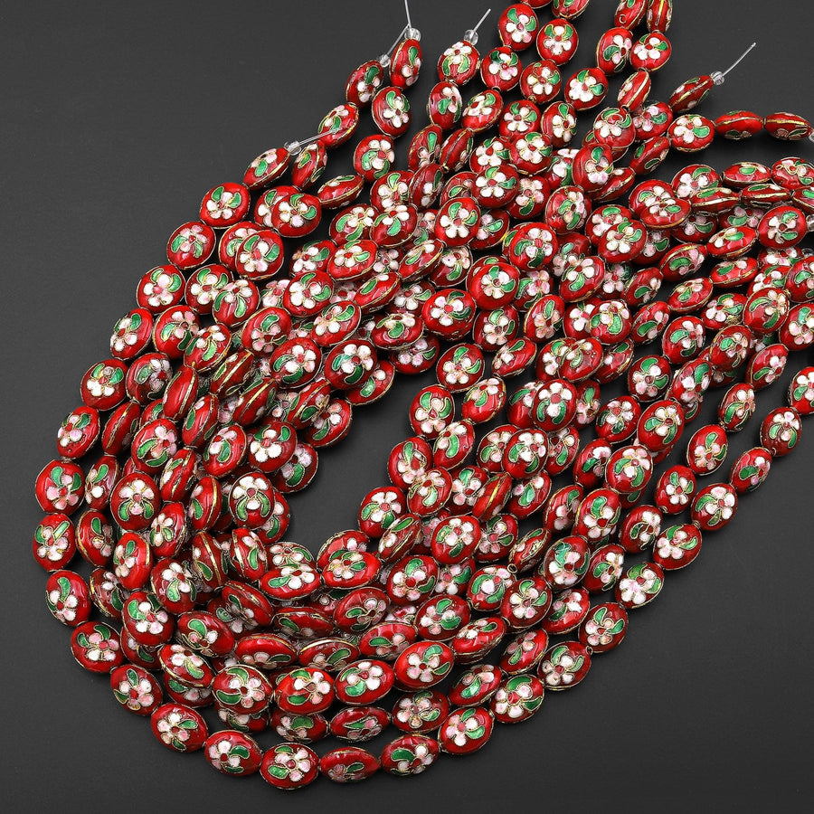 Red Pink Green Cloisonné 15mm Beads Oval Decorative Floral Enamel Antique Vintage Look 15.5" Strand