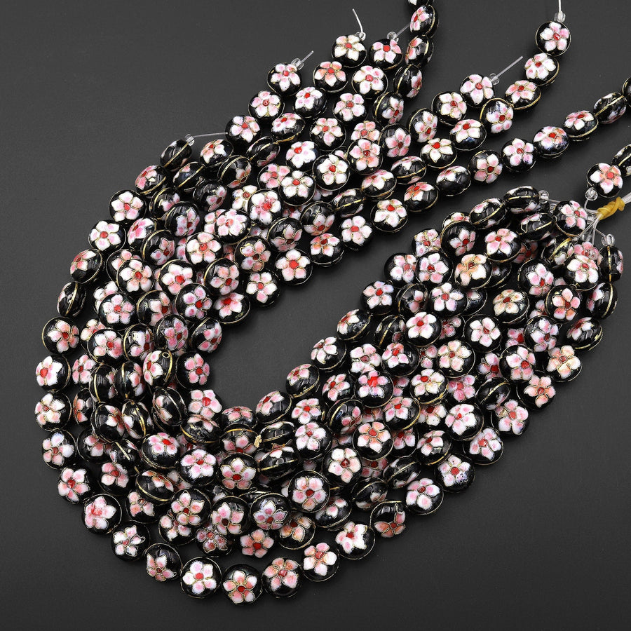 Black Pink Cloisonné Cherry Blossom Flower Coin Beads 13mm Decorative Floral Enamel 15.5" Strand