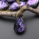 Natural Purple Charoite Black Aegirine Pendant Side Drilled Teardrop Genuine Gemstone From Russia