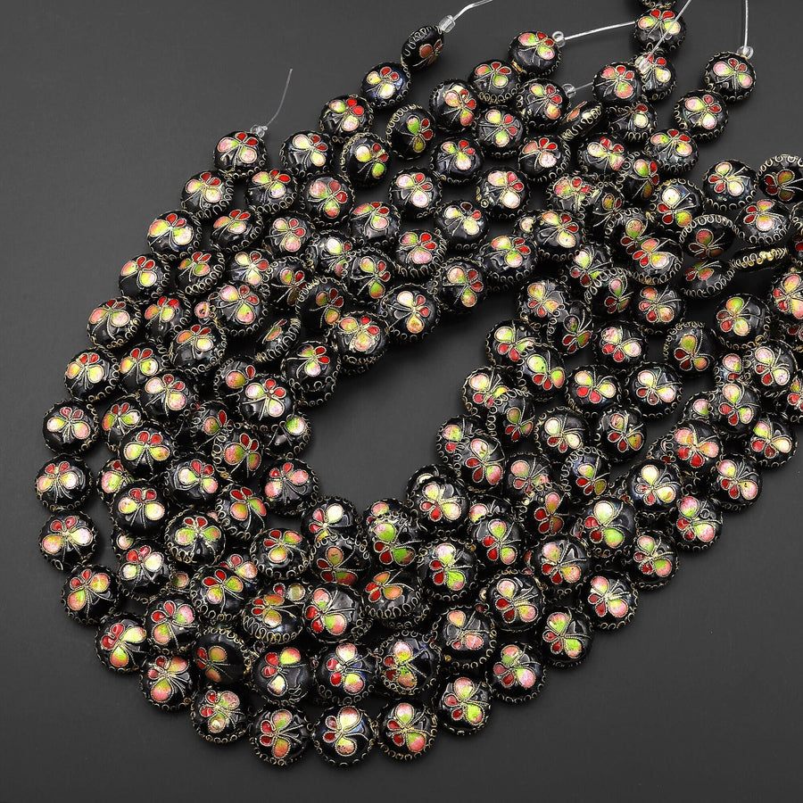 Black Cloisonné Butterfly Coin Beads 15mm Decorative Floral Enamel 15.5" Strand