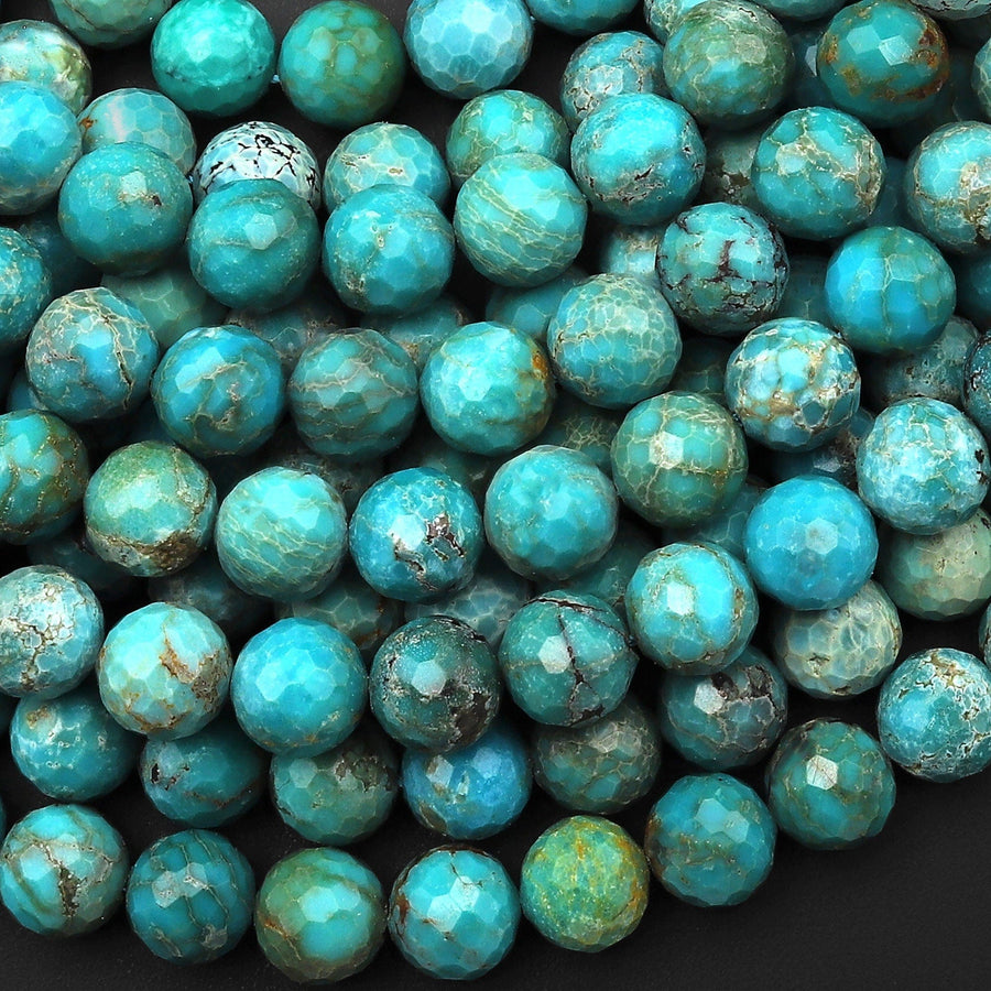 Faceted Natural Turquoise 7mm 8mm Round Beads Real Genuine blue Green Gemstone 15.5" Strand