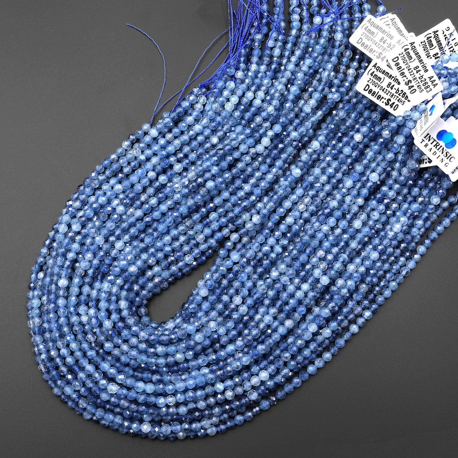 AAA Micro Faceted Natural Blue Santa Maria Aquamarine 4mm Round Beads from Brazil 15.5" Strand