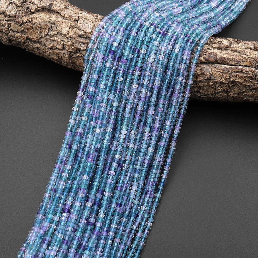 AAA Natural Fluorite Faceted 3mm Rondelle Beads Translucent Blue Green Purple Gemstone 15.5" Strand