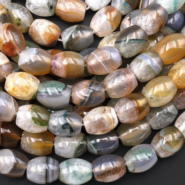 Rare Smooth Phantom Agate Beads Drum Barrel Shape Gemstone 15.5" Strand