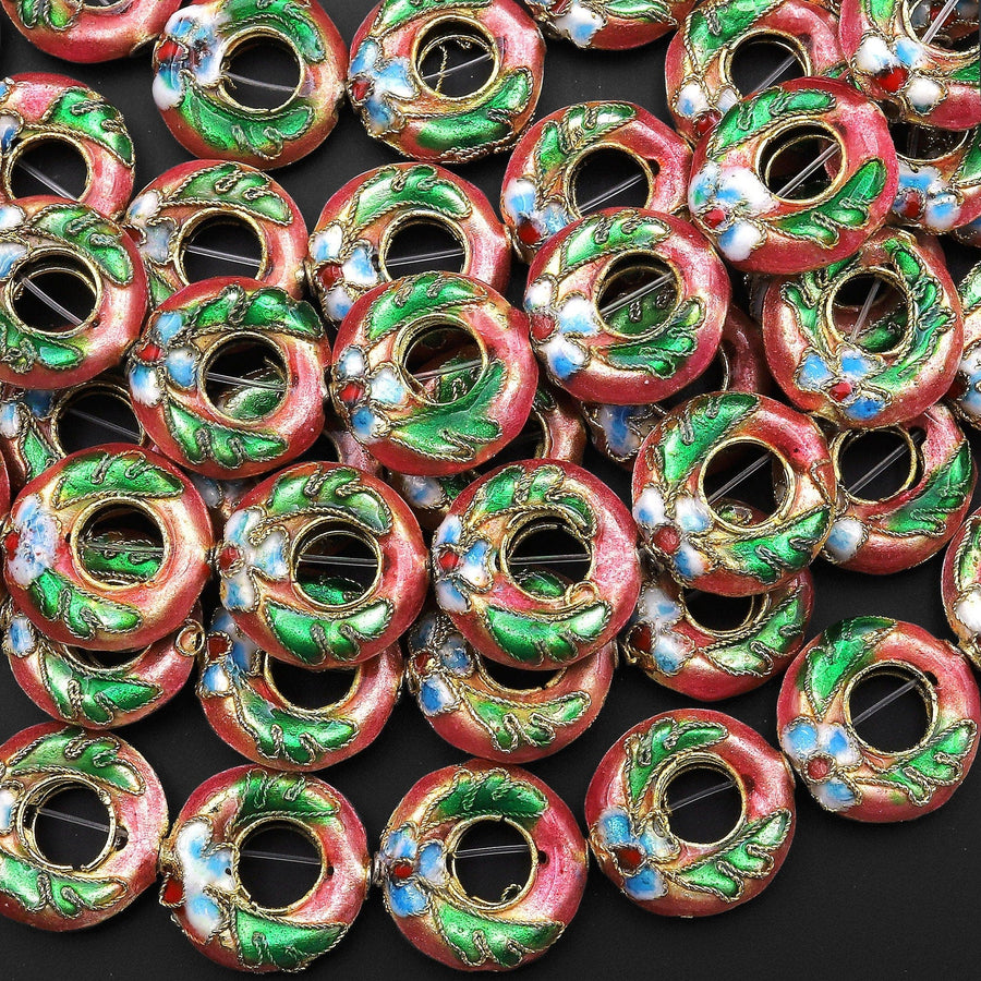 Hand Made Cloisonné Donut Beads 15mm Decorative Floral Enamel Antique Vintage Look 15.5" Strand