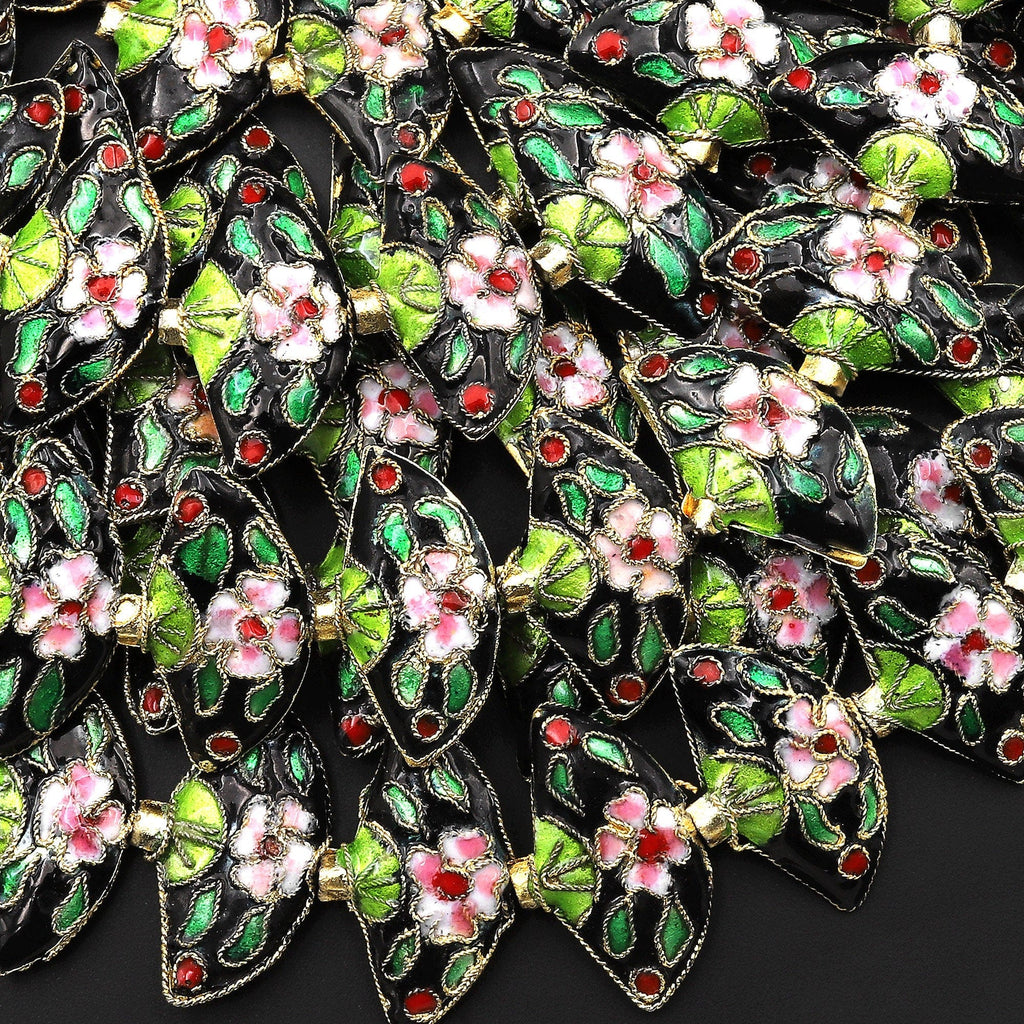 Vibrant Black Pink Green Fan Cloisonné Beads Decorative Floral Enamel Antique Vintage Look 15.5" Strand