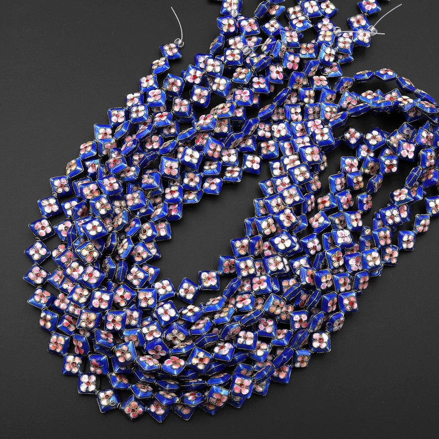 Blue Pink Cloisonné Diamond Cherry Blossom Flower Beads 12mm Decorative Floral Copper Enamel 15.5" Strand