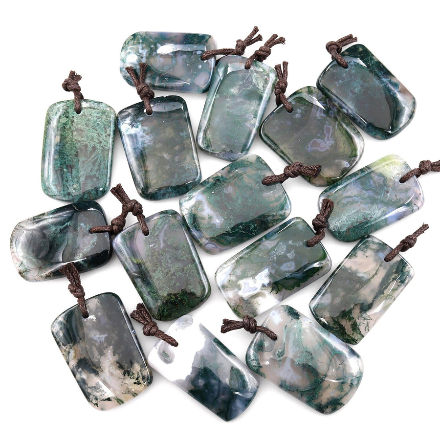 Large Natural Green Moss Agate Curved Rectangle Pendant Gemstone Focal Bead