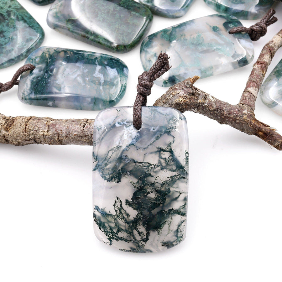 Large Natural Green Moss Agate Curved Rectangle Pendant Gemstone Focal Bead