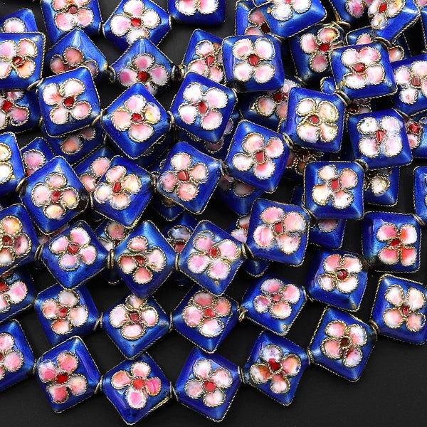 Blue Pink Cloisonné Diamond Cherry Blossom Flower Beads 12mm Decorative Floral Copper Enamel 15.5" Strand