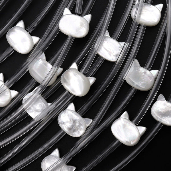 AAA Iridescent Carved Natural White Mother of Pearl Shell Cat Head Beads 8mm 10mm 8" Strand