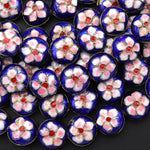 Blue Pink Red Cloisonné Coin Beads 13mm Decorative Floral Enamel Antique Vintage 15.5" Strand