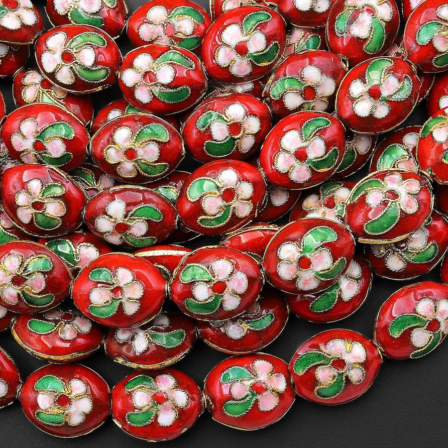 Red Pink Green Cloisonné 15mm Beads Oval Decorative Floral Enamel Antique Vintage Look 15.5" Strand