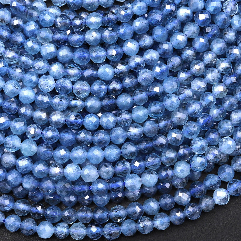 AAA Micro Faceted Natural Blue Santa Maria Aquamarine 4mm Round Beads from Brazil 15.5" Strand