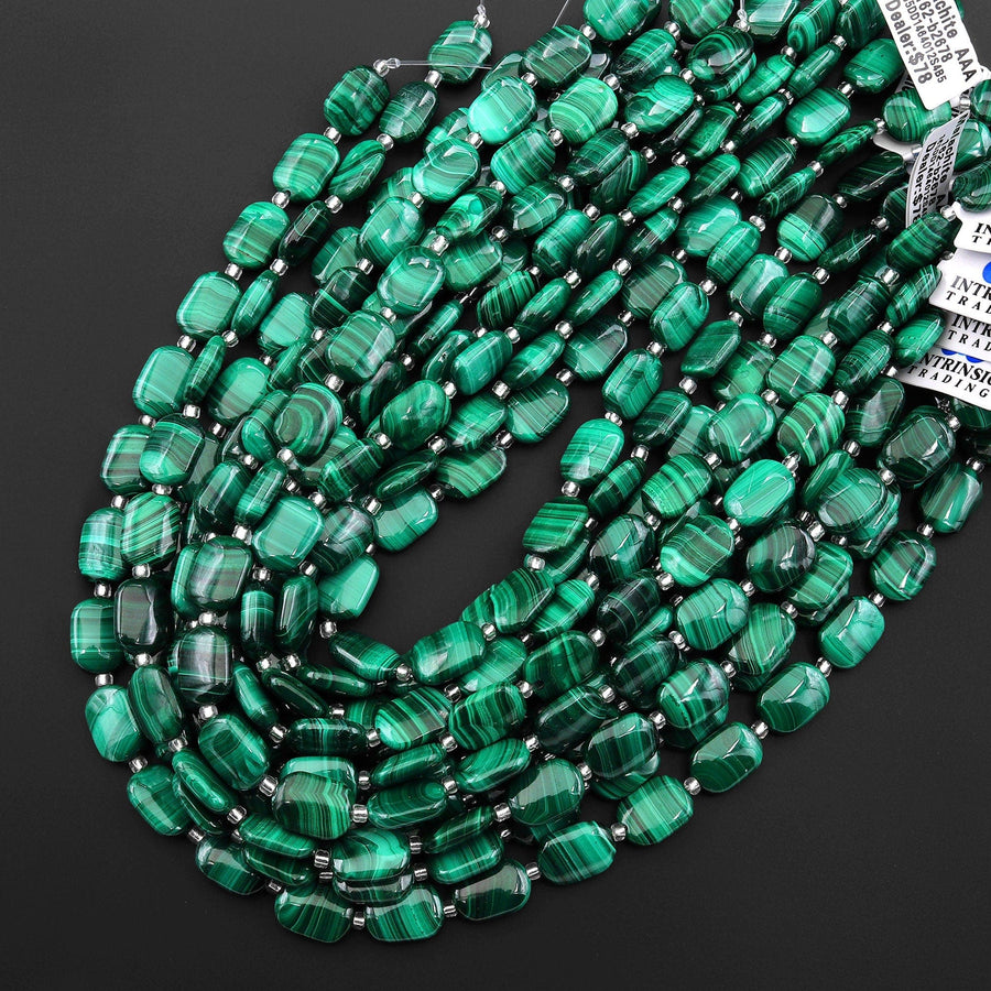 AAA Natural Green Malachite Smooth Rounded Rectangle Beads 14mm 10mm Gemstone From Congo 15.5" Strand