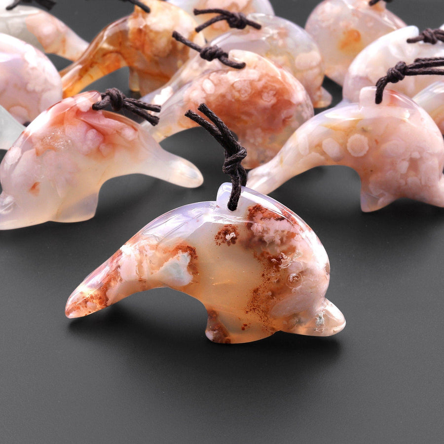 AAA Natural Cherry Blossom Agate Dolphin Gemstone Pendant Aka Flower Agate