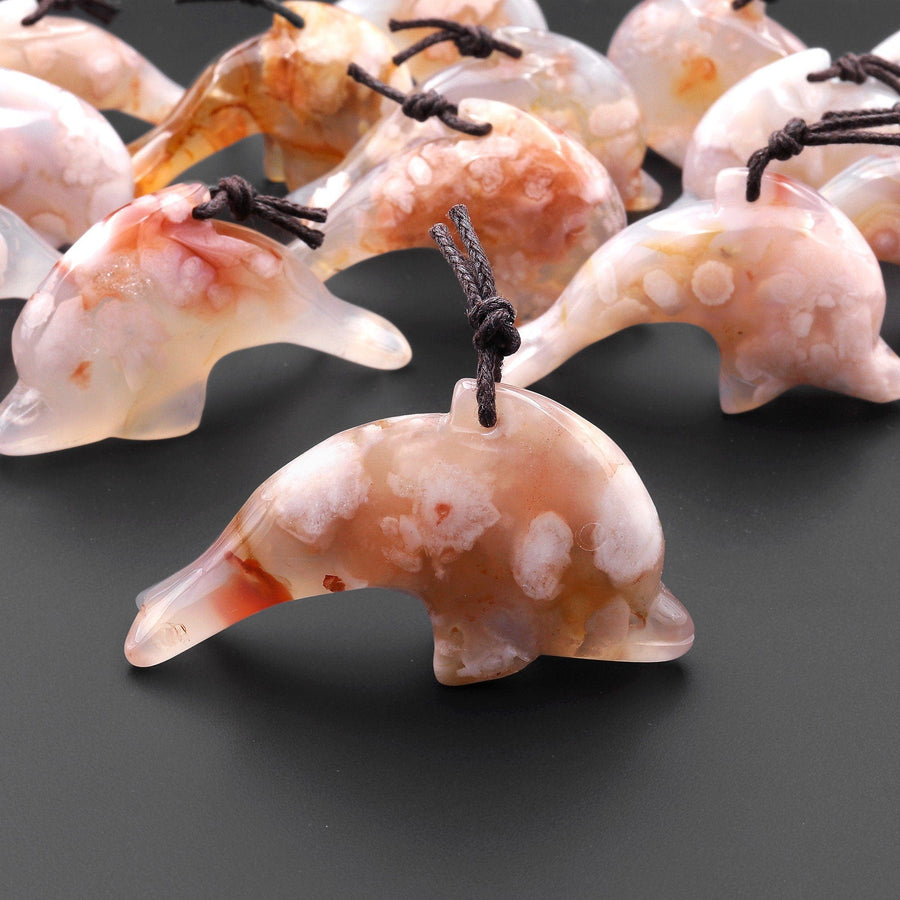 AAA Natural Cherry Blossom Agate Dolphin Gemstone Pendant Aka Flower Agate