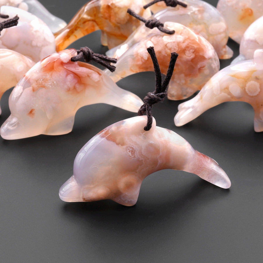 AAA Natural Cherry Blossom Agate Dolphin Gemstone Pendant Aka Flower Agate