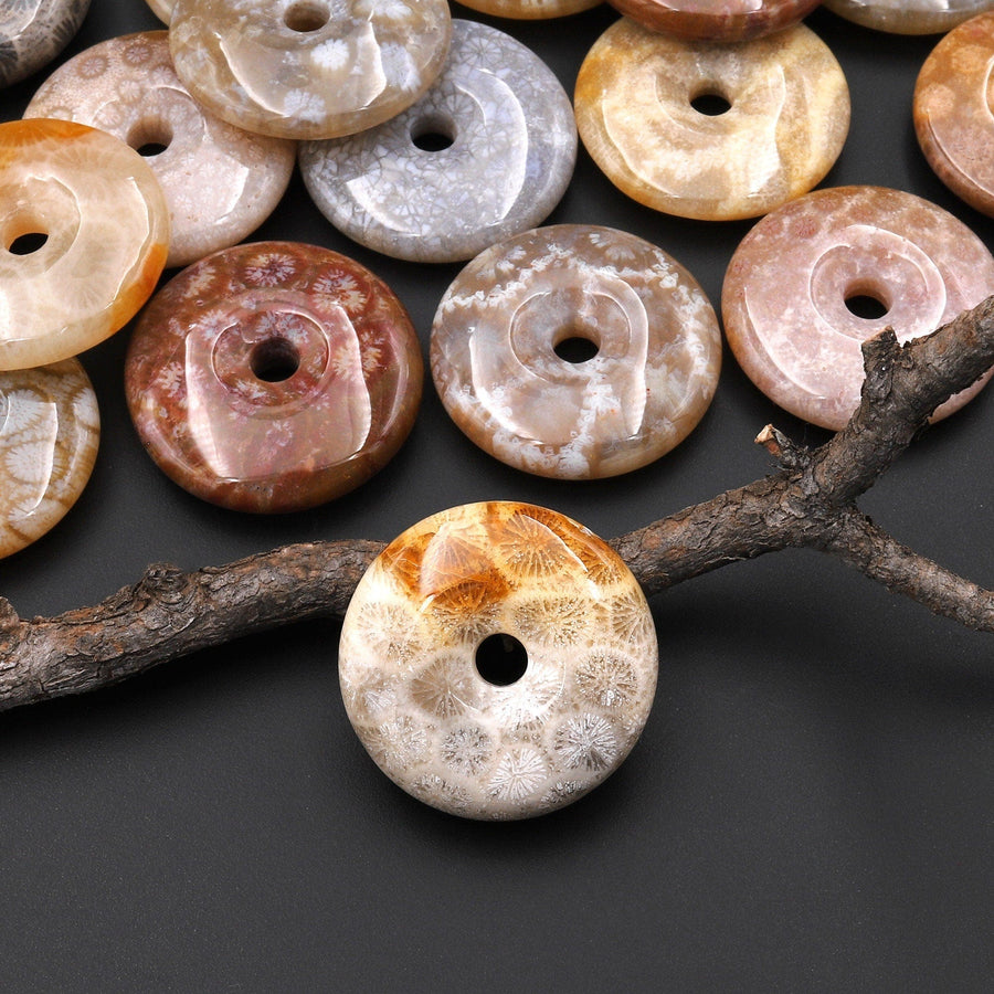 AAA Natural Fossil Coral Donut Bead Pendant 23mm Peach Pink Gray Gemstone