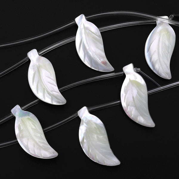 AAA Iridescent Carved Natural White Mother of Pearl Long Leaf Beads