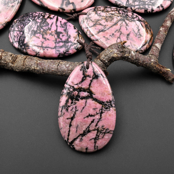 Natural Pink Rhodonite Pendant Black Matrix FreeformTeardrop Shape Pendant A1