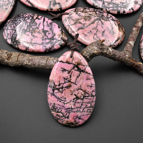 Natural Pink Rhodonite Pendant Black Matrix FreeformTeardrop Shape Pendant A2