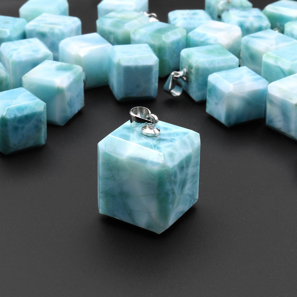 AAA Natural Blue Larimar Faceted Cube Dice Pendant 18mm Gemstone