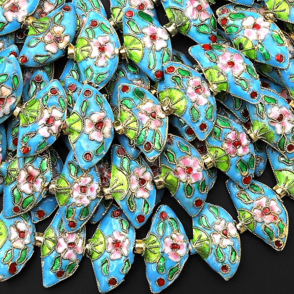 Vibrant Blue Pink Green Fan Cloisonné Beads Decorative Floral Enamel Antique Vintage Look 15.5" Strand