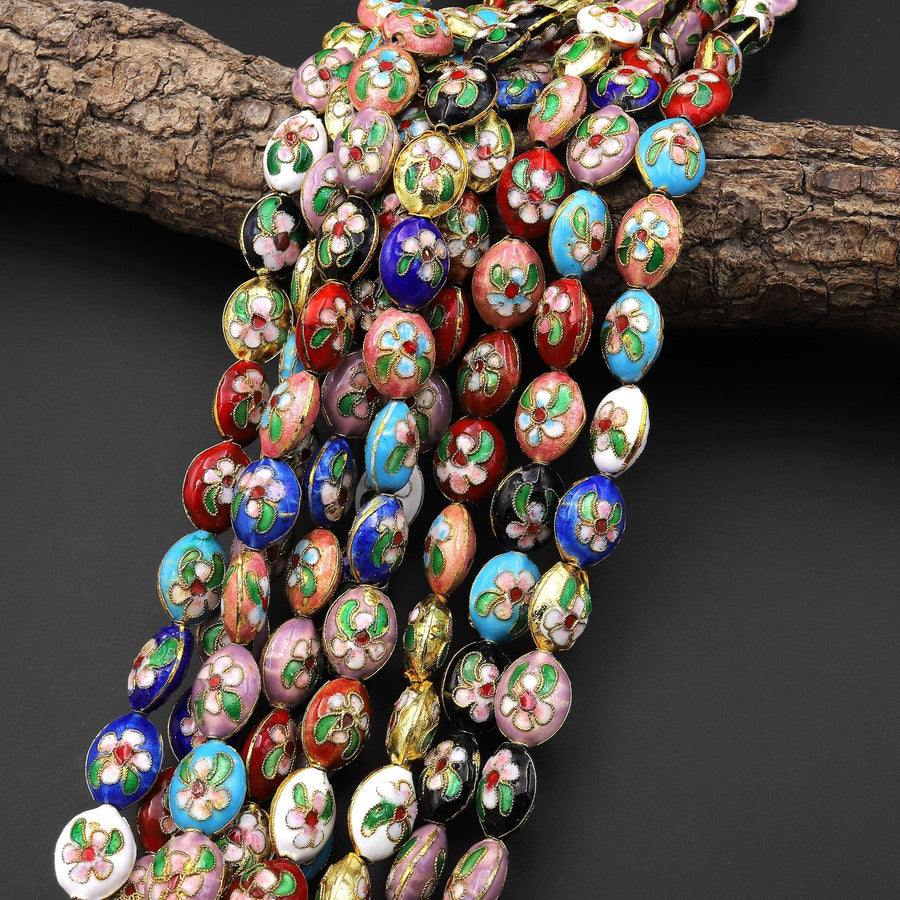 Vibrant Colorful Gold Cloisonné 15x12mm Beads Oval Decorative Floral Enamel 15.5" Strand