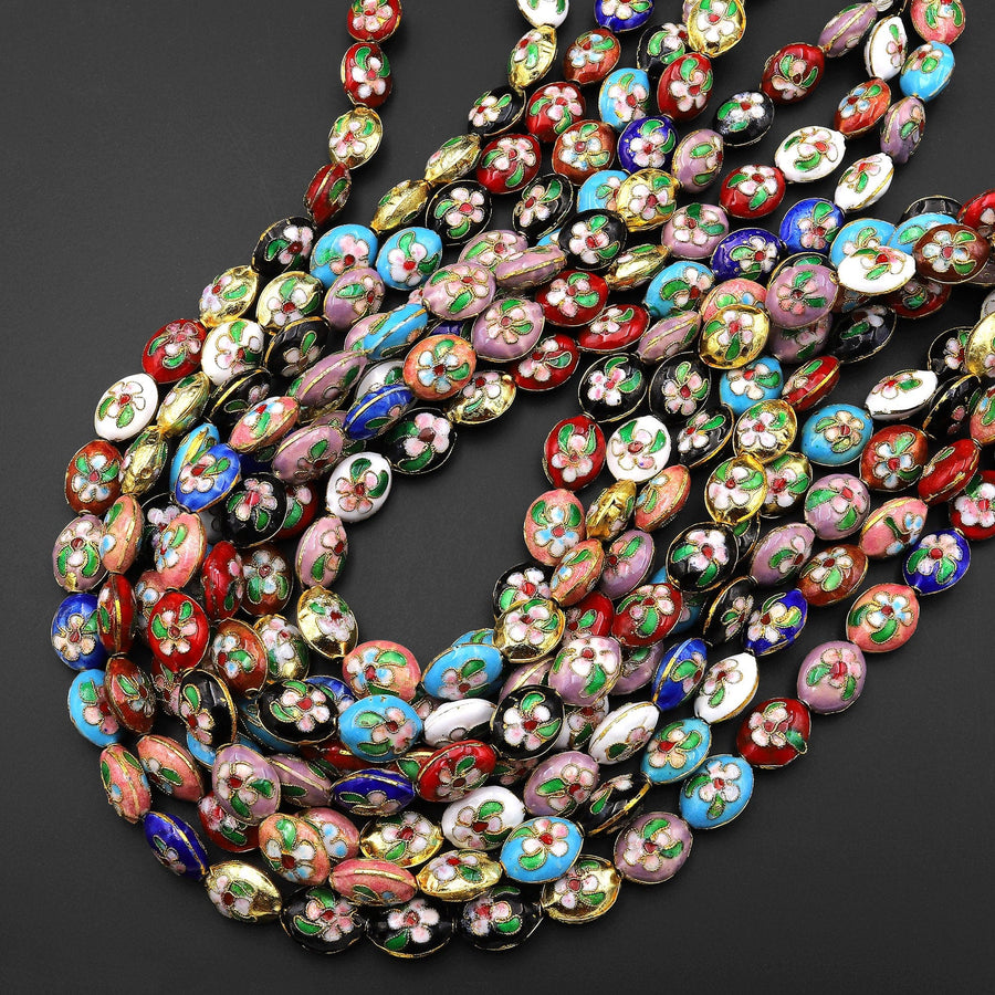 Vibrant Colorful Gold Cloisonné 15x12mm Beads Oval Decorative Floral Enamel 15.5" Strand