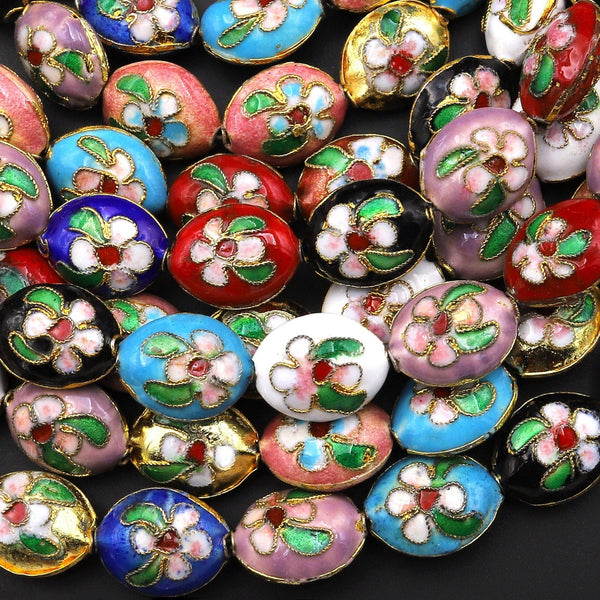 Vibrant Colorful Gold Cloisonné 15x12mm Beads Oval Decorative Floral Enamel 15.5" Strand