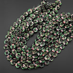 Hand Made Black Pink Green Cloisonné Donut Beads 15mm Decorative Floral Enamel Antique Vintage Look 15.5" Strand