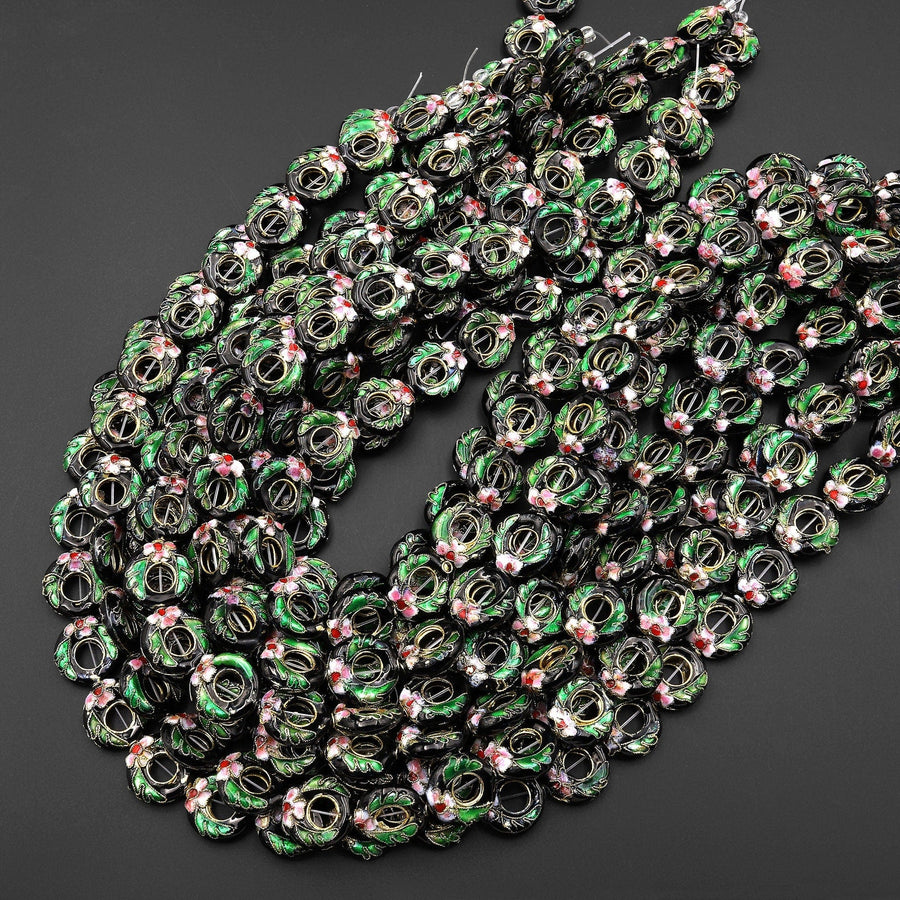 Hand Made Black Pink Green Cloisonné Donut Beads 15mm Decorative Floral Enamel Antique Vintage Look 15.5" Strand