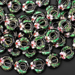 Hand Made Black Pink Green Cloisonné Donut Beads 15mm Decorative Floral Enamel Antique Vintage Look 15.5" Strand